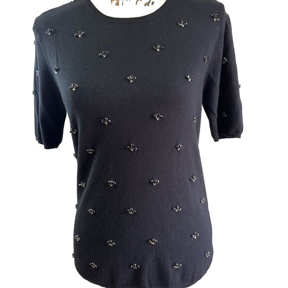 P.A.R.O.S.H. Women Black Rhinestone Front Short Sleeve Cotton Sweater Sz M Italy - Picture 2 of 10